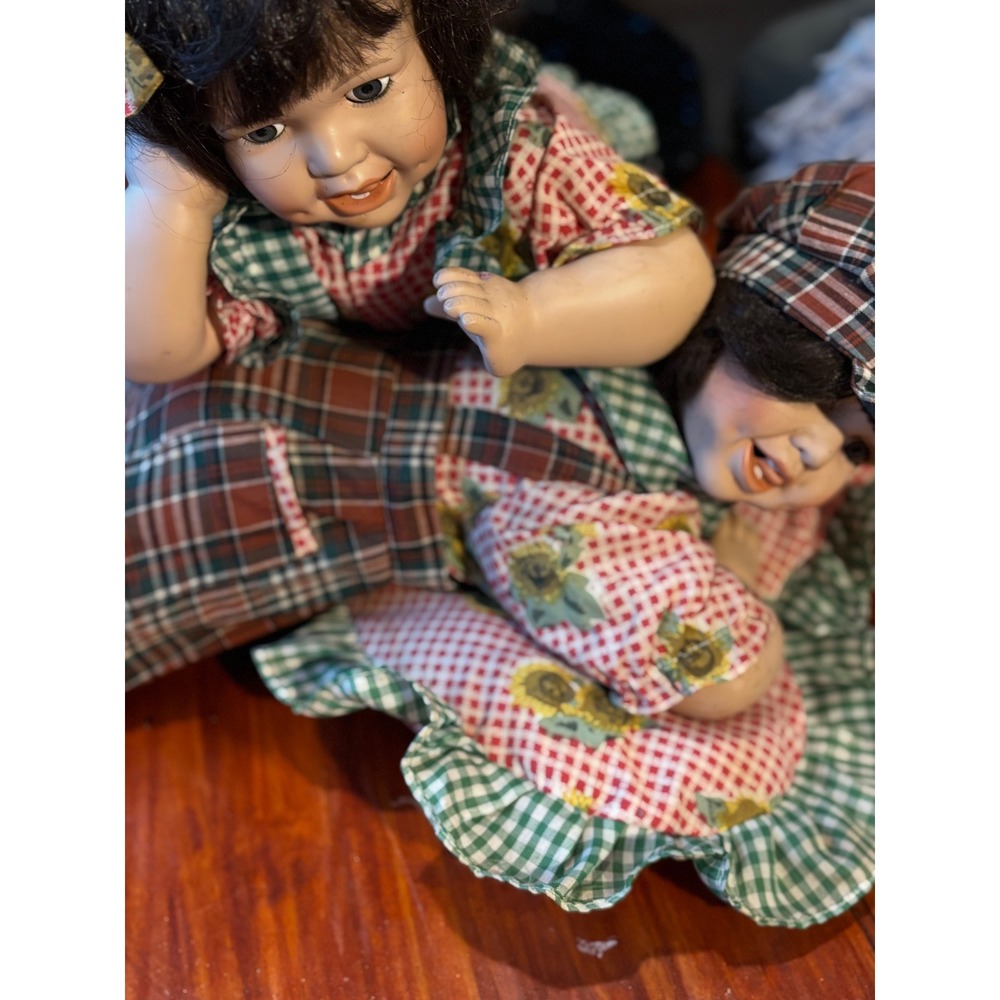 Vintage Porcelain Doll Set Boy and Girl Country Sunflower Gingham Plaid Outfits